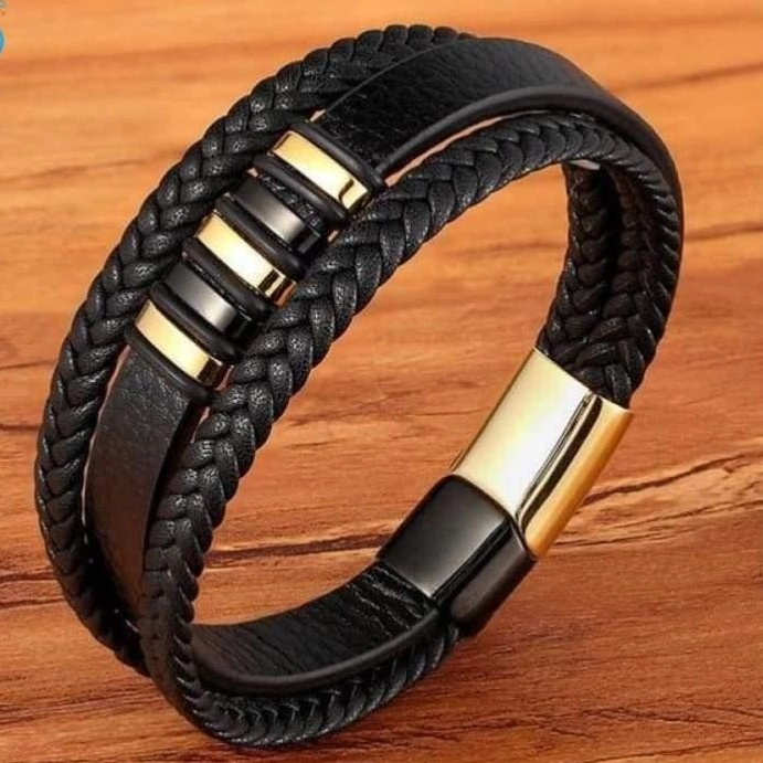 3 Layers Black Gold Punk Style Design Genuine Leather