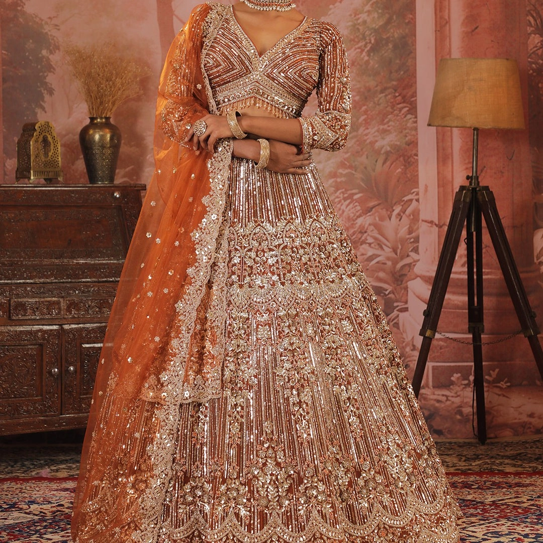 Rust Sequins Net Readymade Lehenga