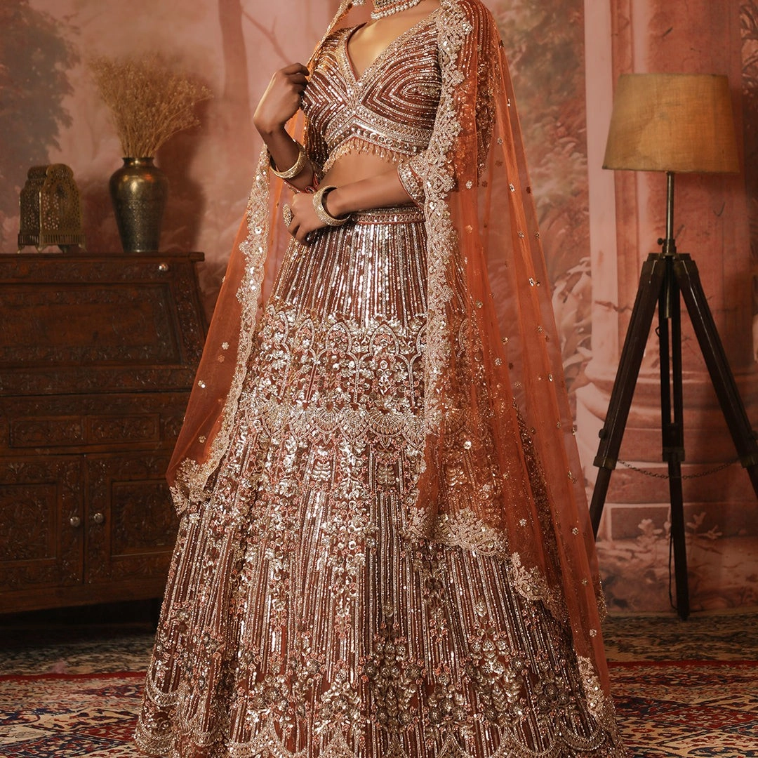 Rust Sequins Net Readymade Lehenga — 2
