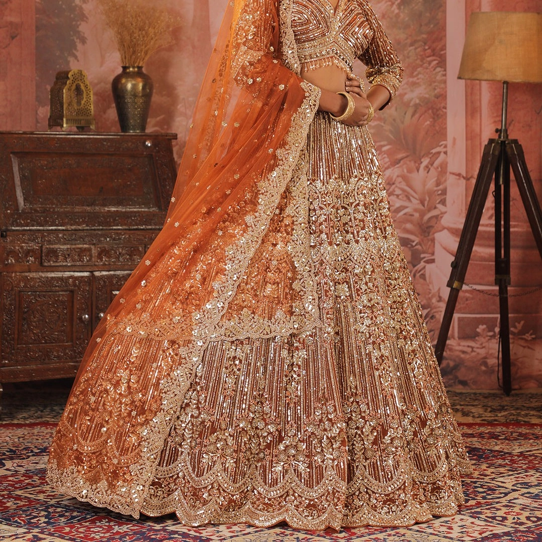 Rust Sequins Net Readymade Lehenga — 3
