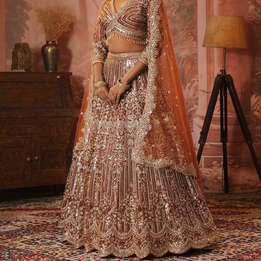 Rust Sequins Net Readymade Lehenga — 4