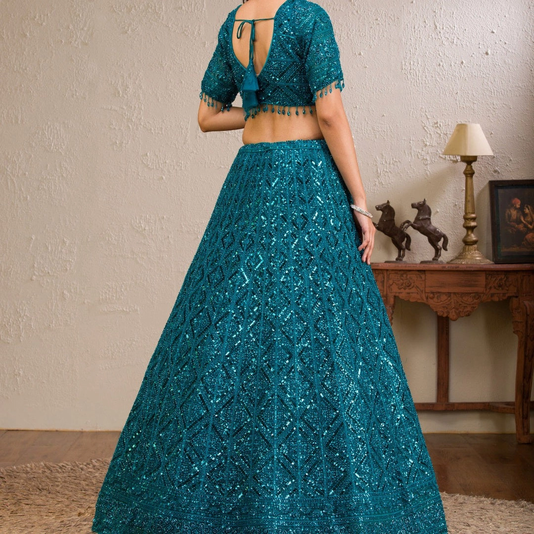 Peacock Blue Sequins Net Readymade Lehenga — 2