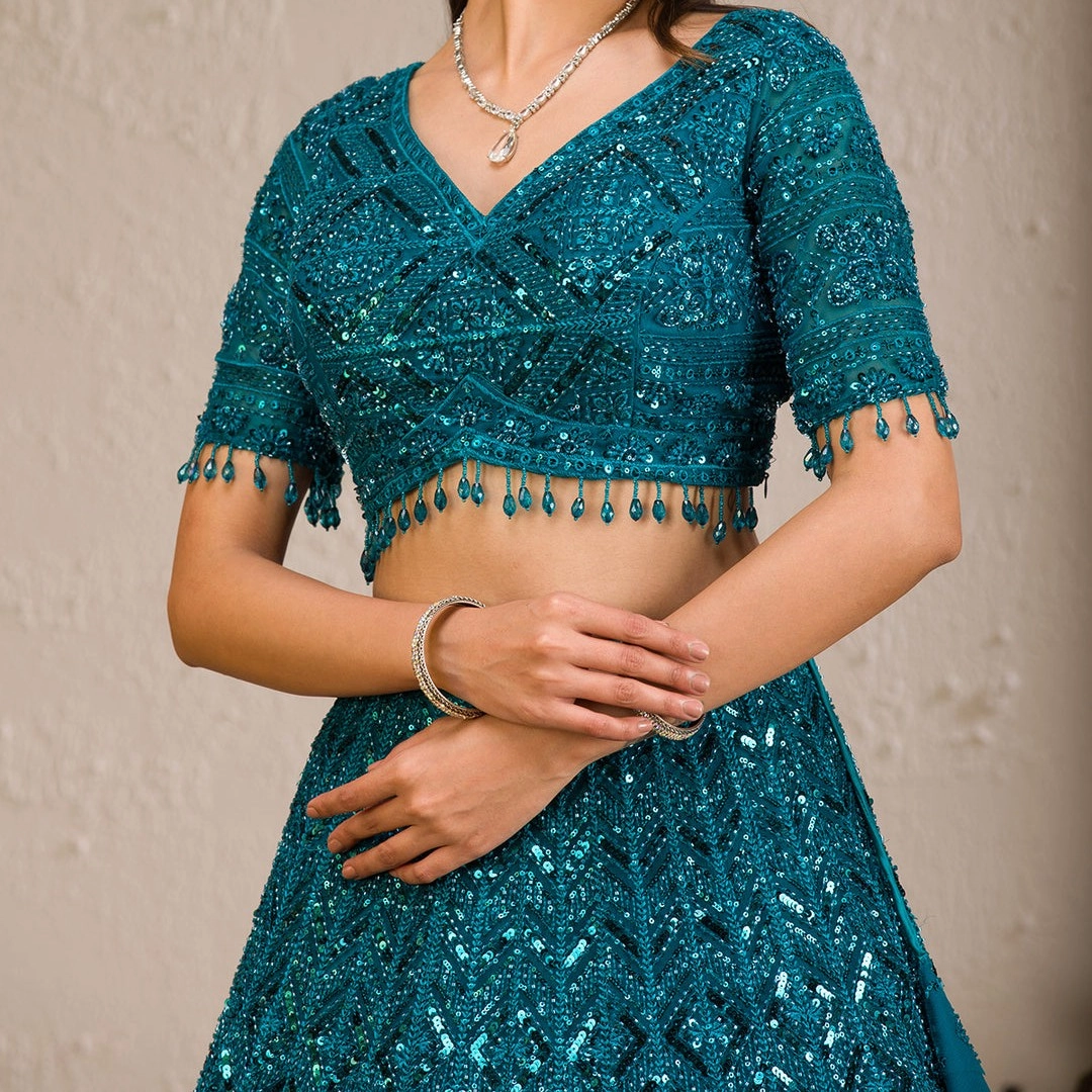 Peacock Blue Sequins Net Readymade Lehenga — 3