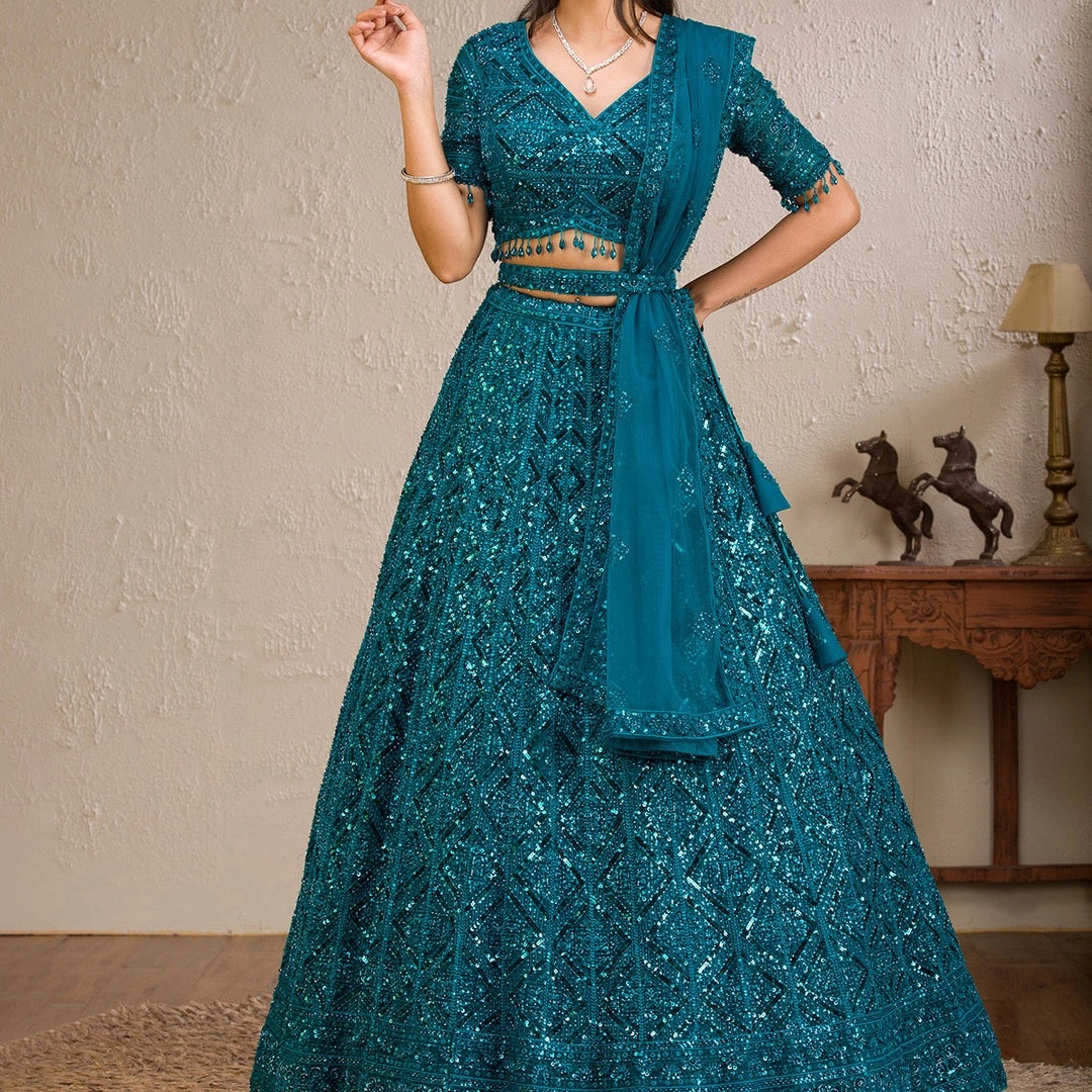 Peacock Blue Sequins Net Readymade Lehenga — 4