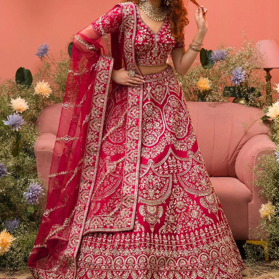 Maroon Zardosi Raw Silk Semi Stitched Lehenga