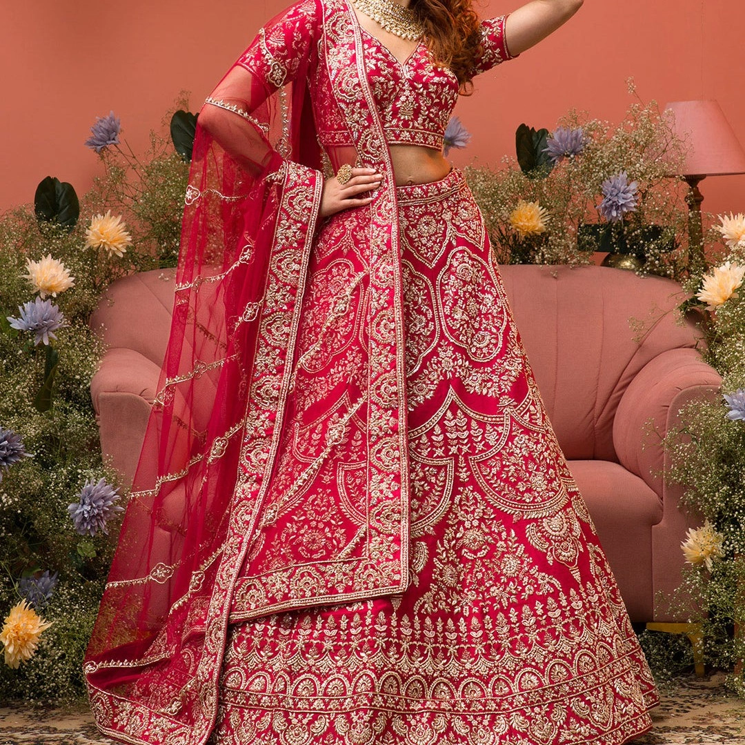 Maroon Zardosi Raw Silk Semi Stitched Lehenga — 2