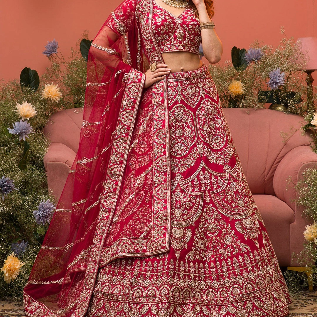 Maroon Zardosi Raw Silk Semi Stitched Lehenga — 3