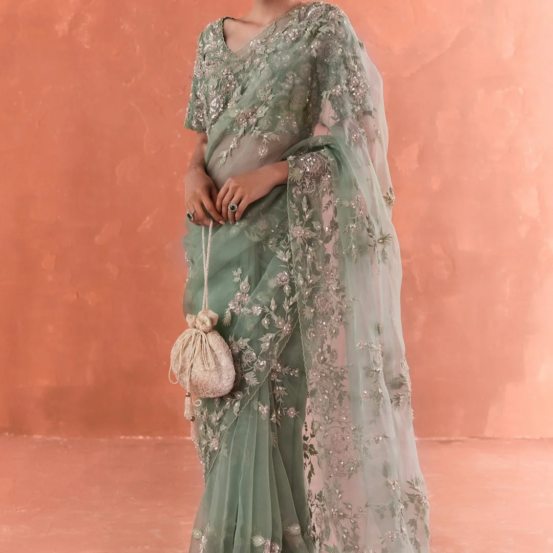Teal Wild Rose Dori Saree