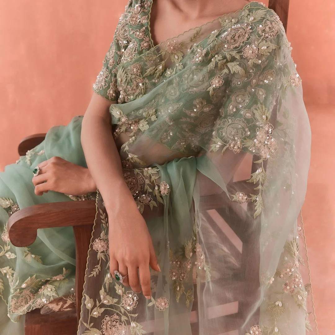 Teal  Wild  Rose  Dori  Saree  — 2