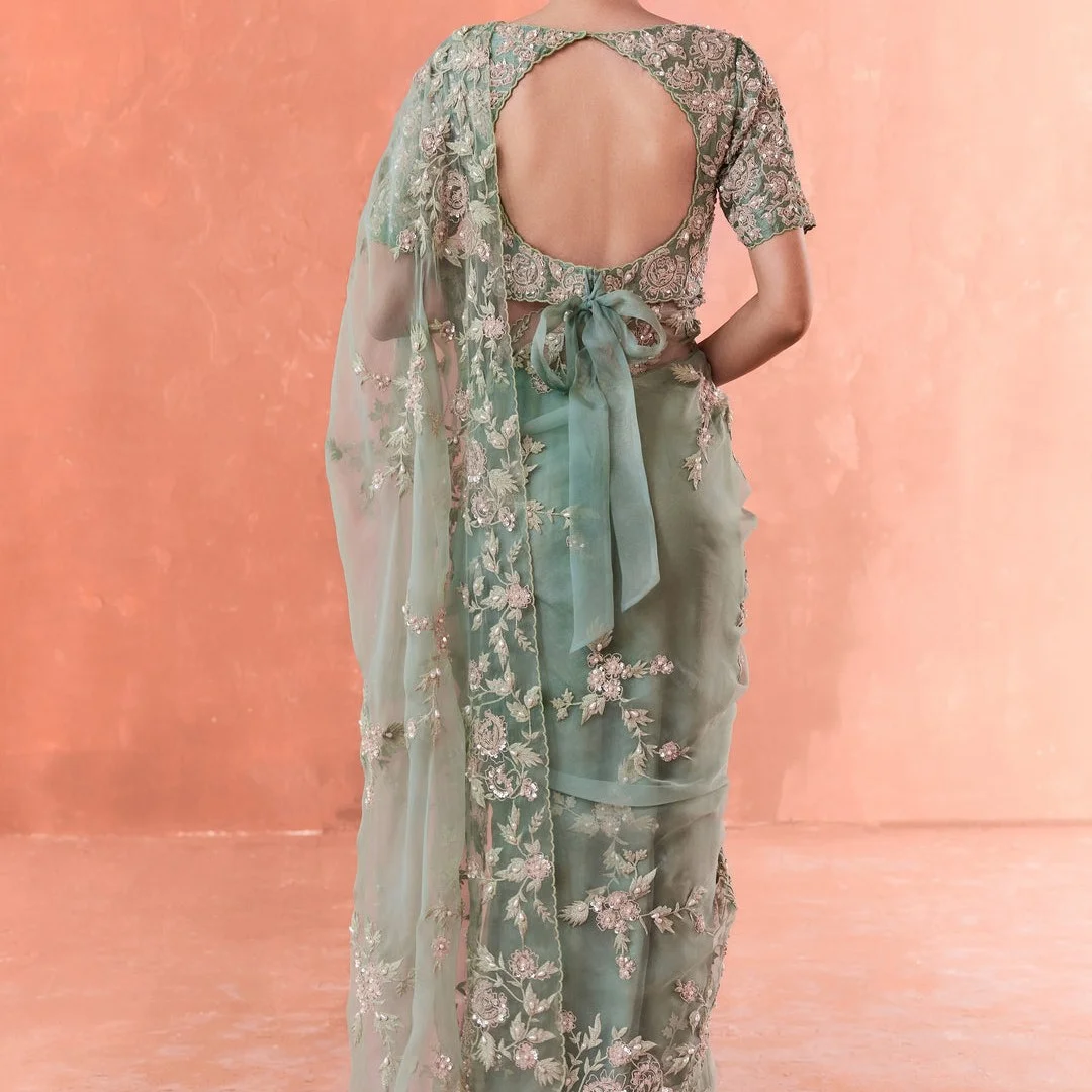 Teal  Wild  Rose  Dori  Saree  — 3
