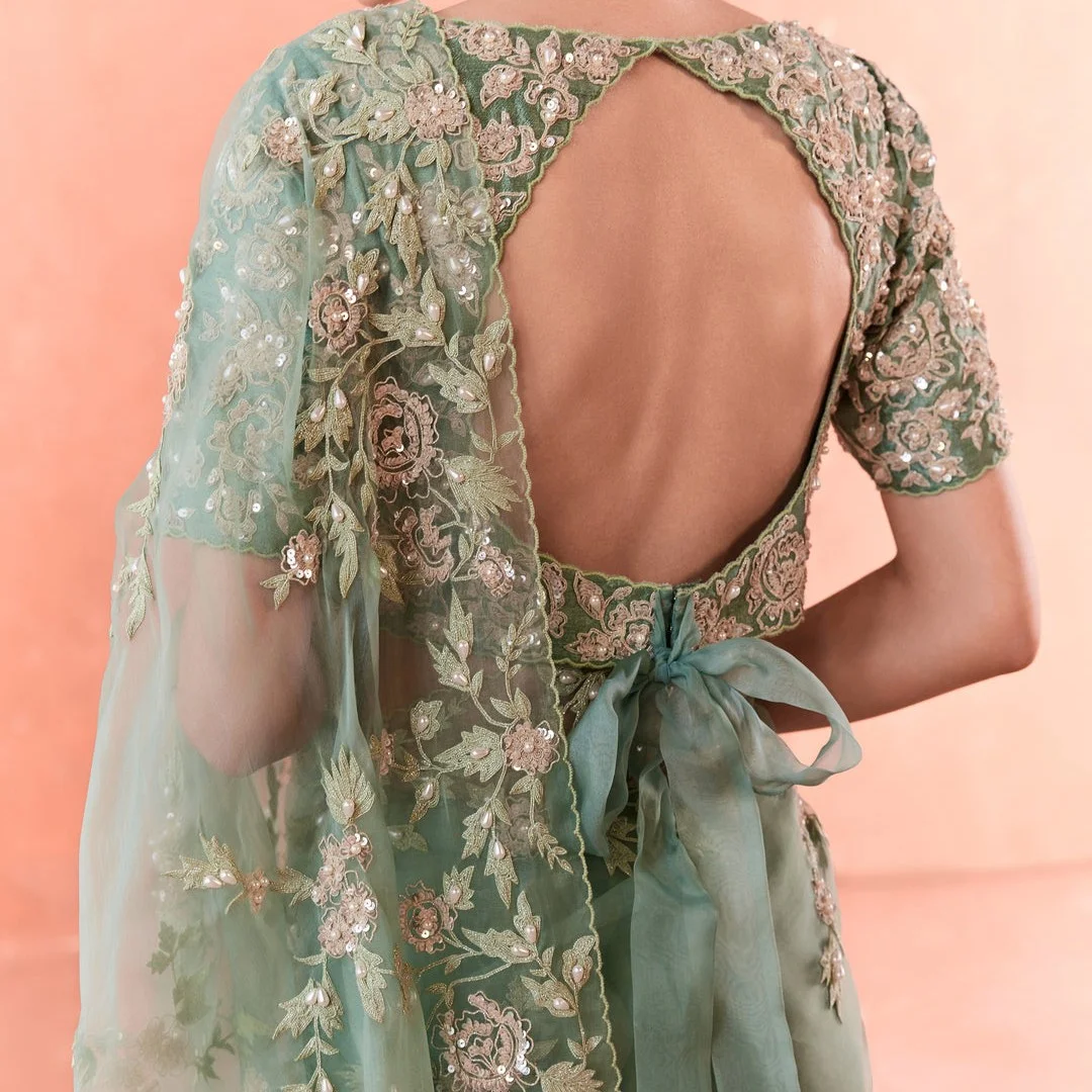 Teal  Wild  Rose  Dori  Saree  — 4