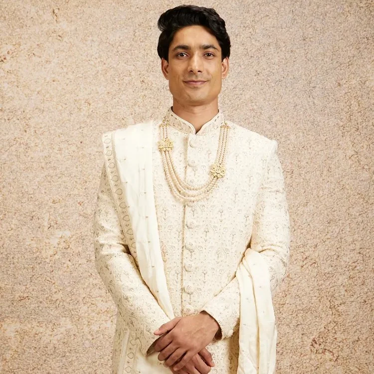 CREAM IMPERIAL JAAL PATTERNED SHERWANI SET