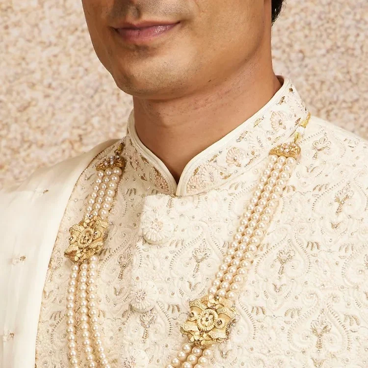 CREAM IMPERIAL JAAL PATTERNED SHERWANI SET — 2