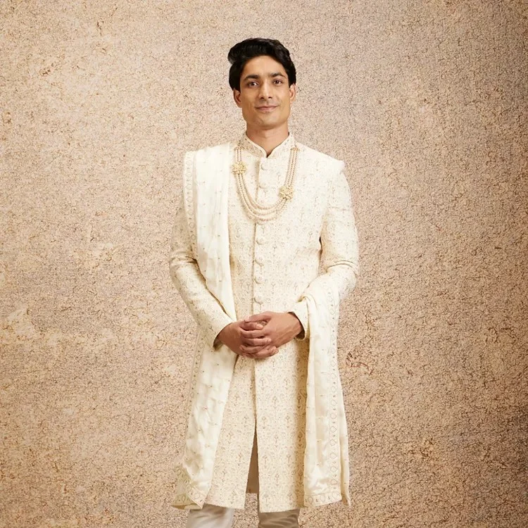 CREAM IMPERIAL JAAL PATTERNED SHERWANI SET — 3