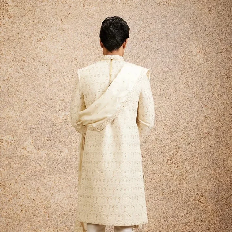CREAM IMPERIAL JAAL PATTERNED SHERWANI SET — 4