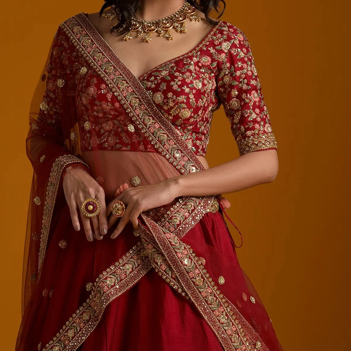 Berry Red Sequins Embroidered Silk Bridal Lehenga — 2