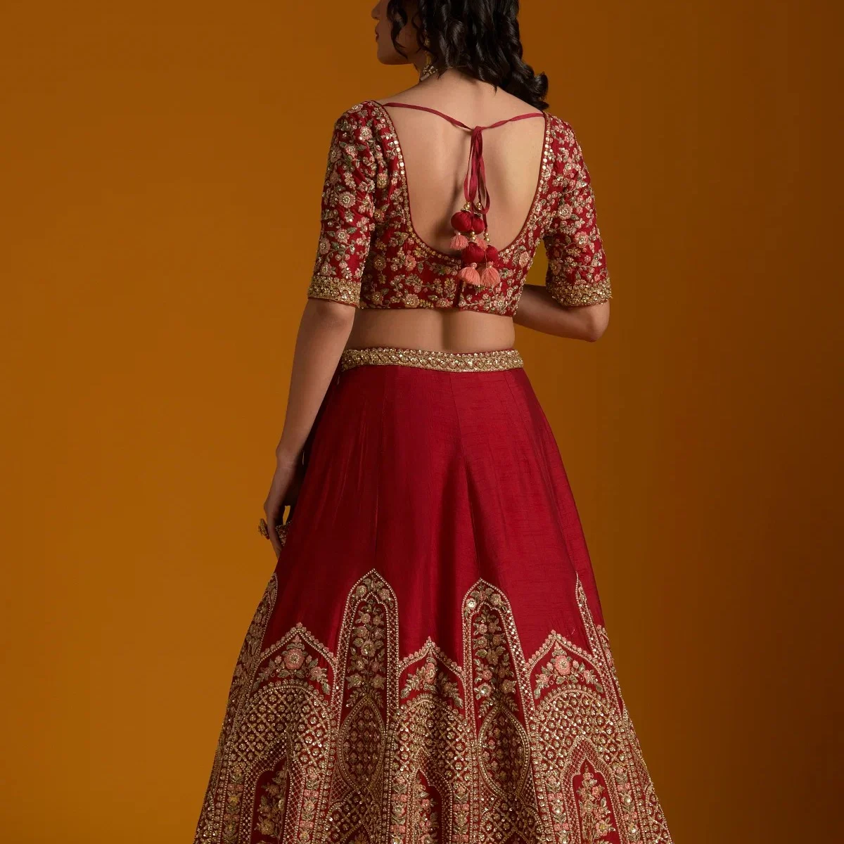 Berry Red Sequins Embroidered Silk Bridal Lehenga — 3