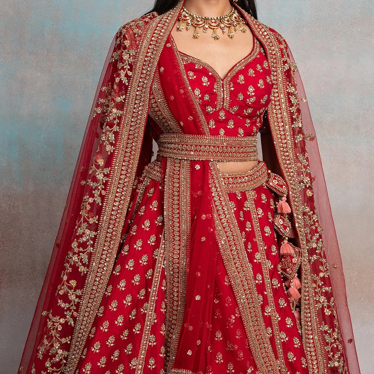 Crimson Red Sequins Embroidered Silk Exclusive Bridal Lehenga  — 2