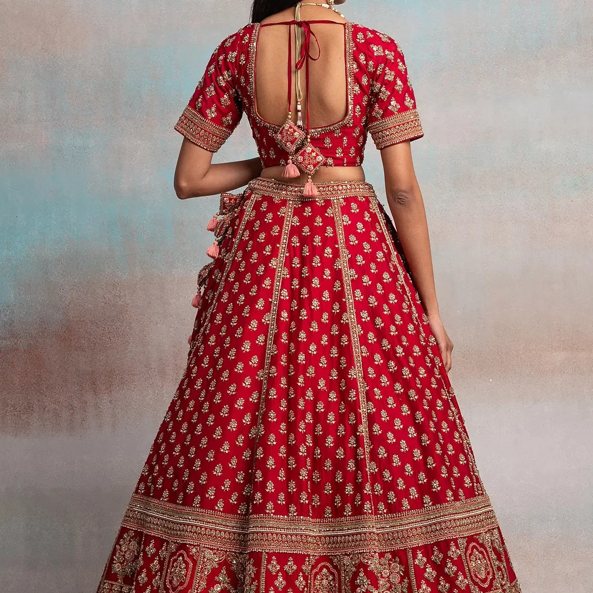 Crimson Red Sequins Embroidered Silk Exclusive Bridal Lehenga  — 3