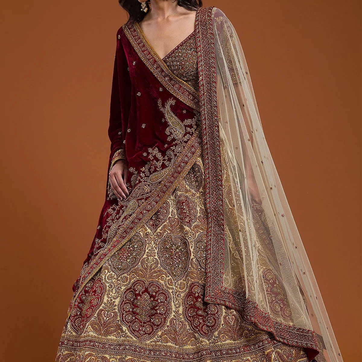 Cloud Cream Sequins Embroidered Velvet Bridal Lehenga