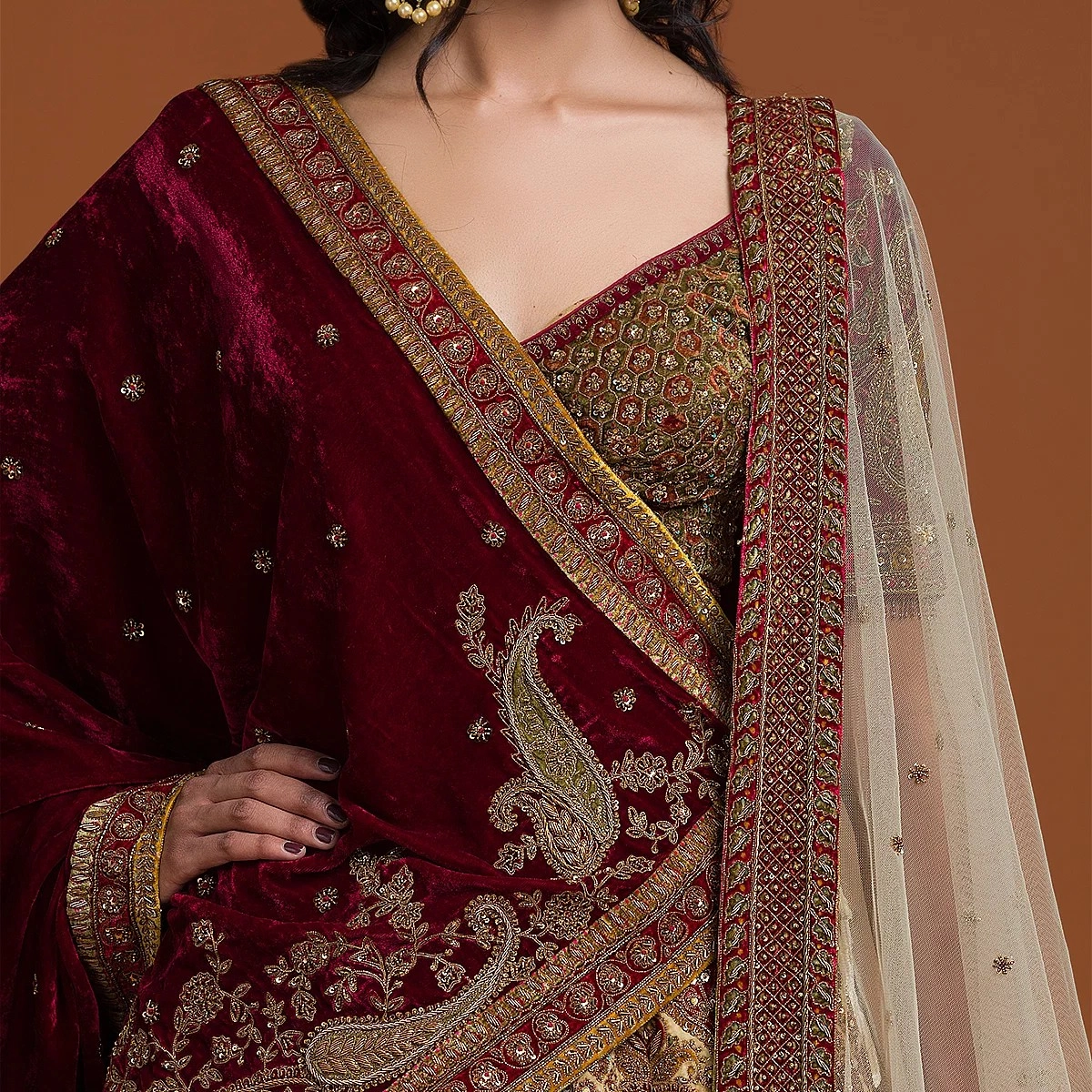 Cloud Cream Sequins Embroidered Velvet Bridal Lehenga — 2