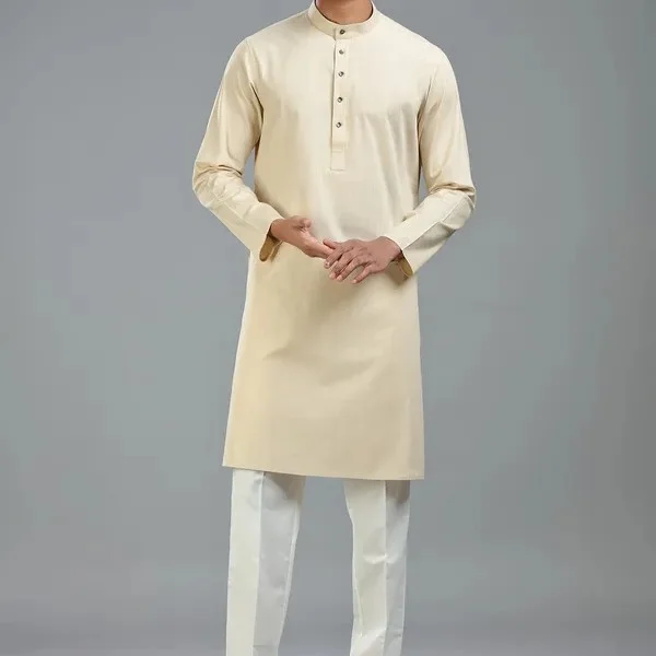 Beige festive ready plain kurta suit for men