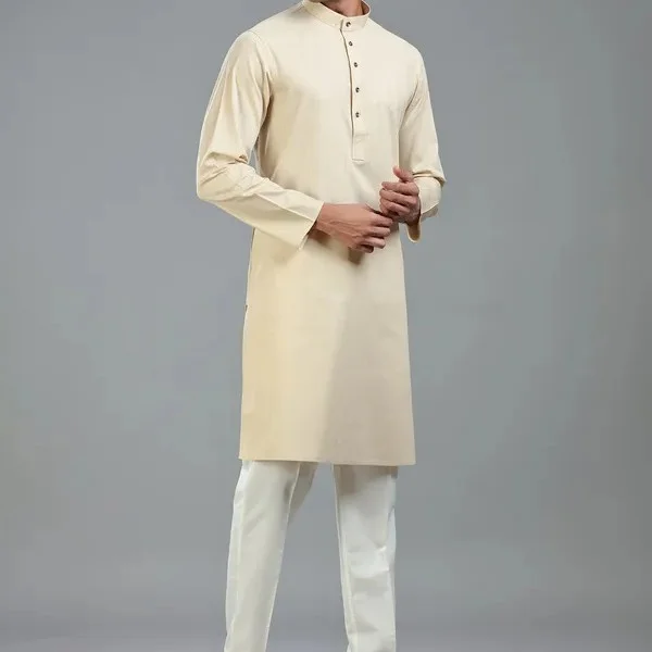 Beige festive ready plain kurta suit for men — 2