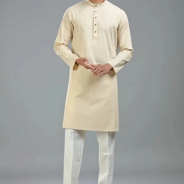 Beige festive ready plain kurta suit for men — 4