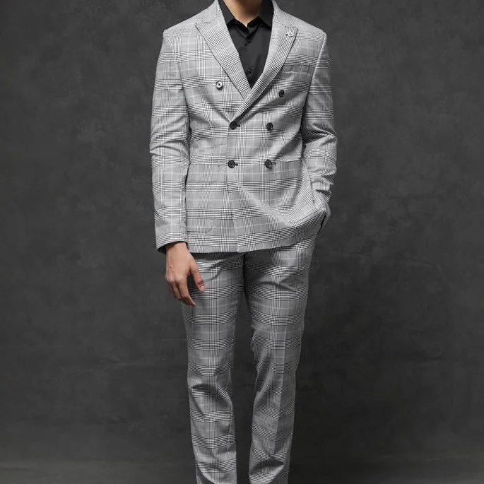 Grey tailored fit check suit for men 