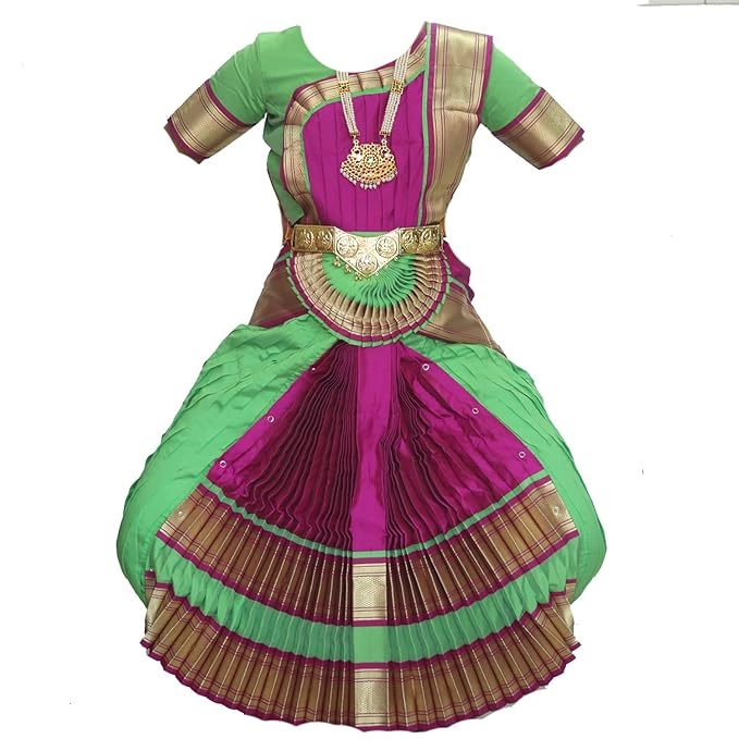 Bharatnatyam Green and Purple Silk Cloth Women and Kids Dress