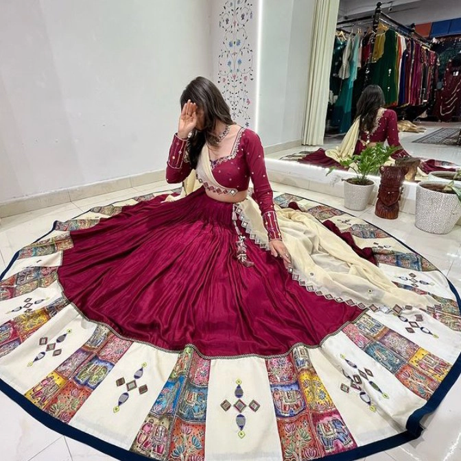 Maroon Embroidered Traditional Gown with Dupatta