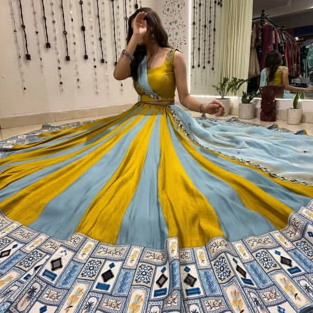 Yellow & Sky Blue Traditional Flare Gown with Printed Border