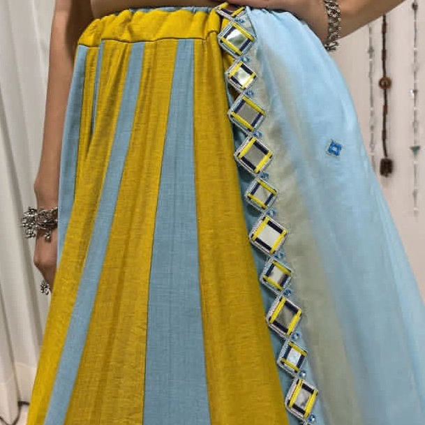 Yellow & Sky Blue Traditional Flare Gown with Printed Border — 2