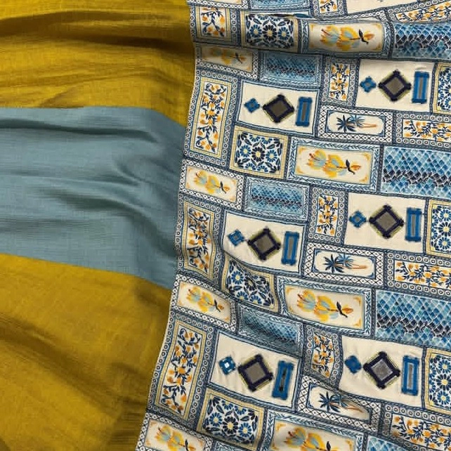 Yellow & Sky Blue Traditional Flare Gown with Printed Border — 3