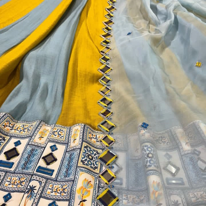 Yellow & Sky Blue Traditional Flare Gown with Printed Border — 4