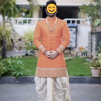 Orange Sherwani with Cream Dhoti Set