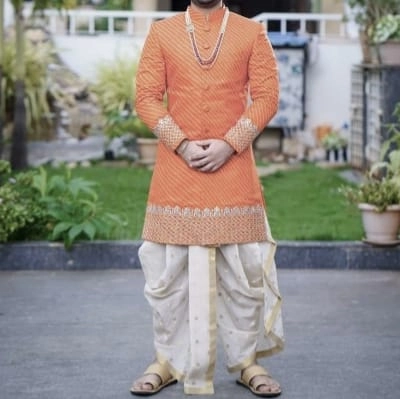Orange Sherwani with Cream Dhoti Set — 2
