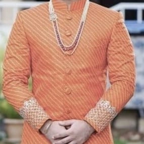 Orange Sherwani with Cream Dhoti Set — 3