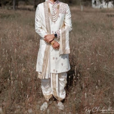 Ivory Embroidered Sherwani with Dhoti & Stole — 2
