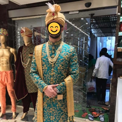Royal Teal Blue Embroidered Sherwani with Golden Stole