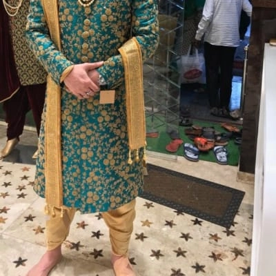 Royal Teal Blue Embroidered Sherwani with Golden Stole — 2