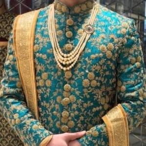Royal Teal Blue Embroidered Sherwani with Golden Stole — 3