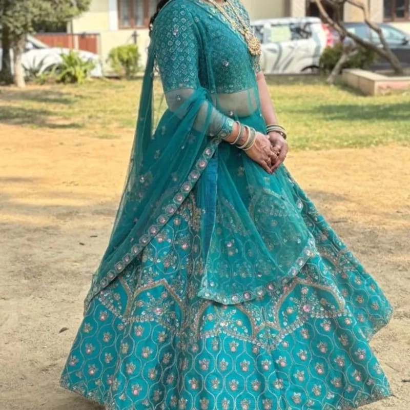 traditional teal blue embroidered lehenga choli — 2