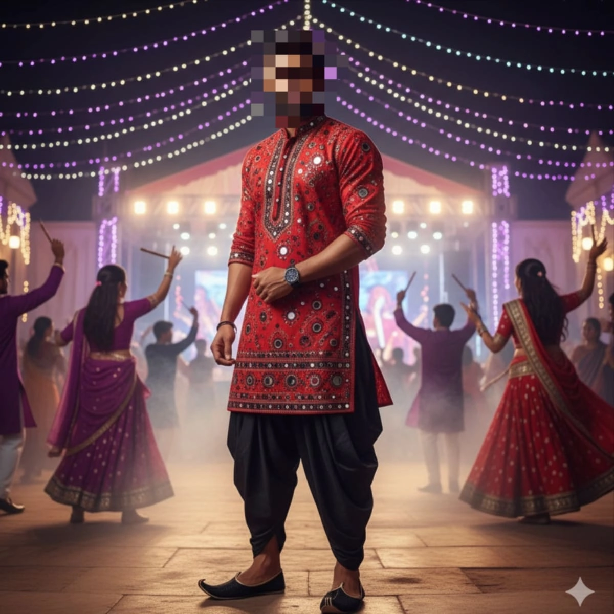 red mirror-work kurta with dhoti