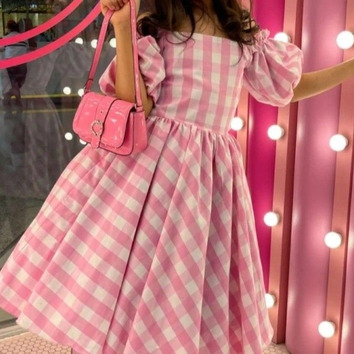 pink and white gingham check dress