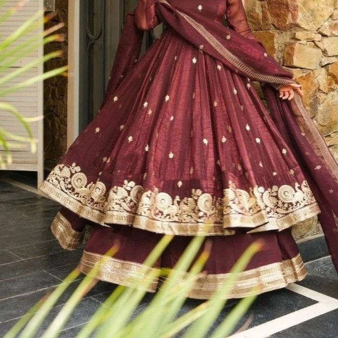  regal deep maroon/wine-colored Anarkali lehenga set — 2