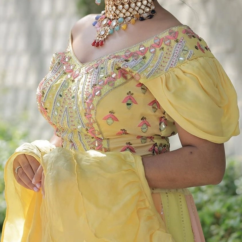 pastel yellow and peach designer lehenga — 3