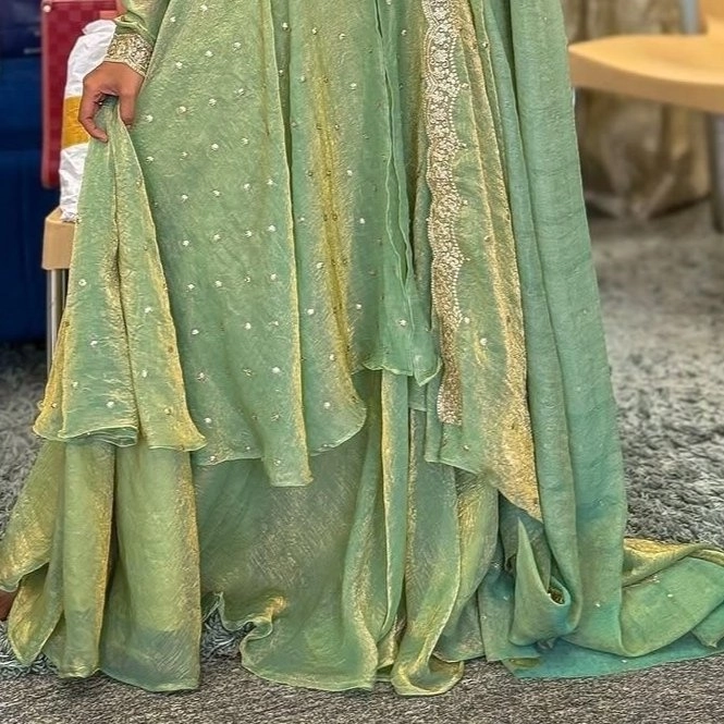 dobble layar pista green anarkali gown — 2