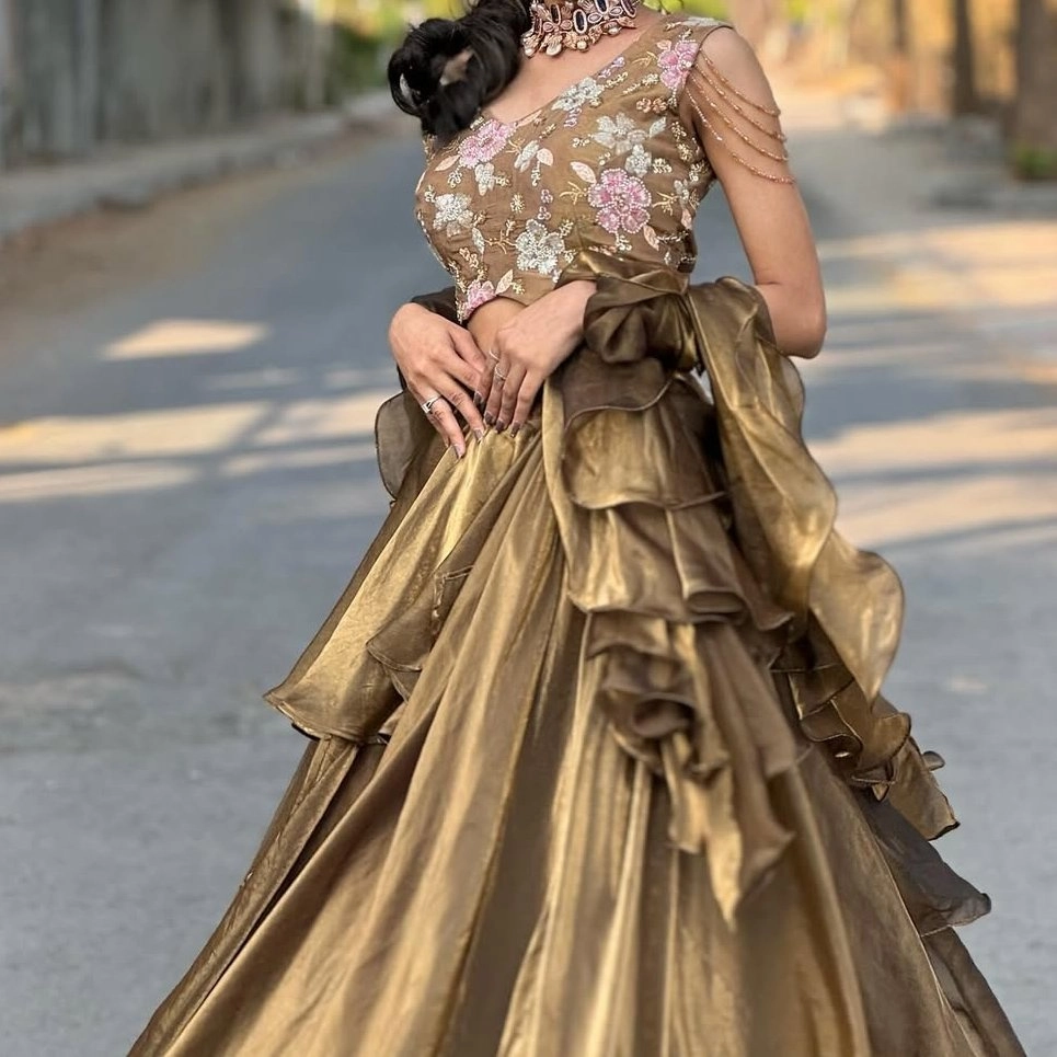 glamorous metallic golden lehenga set — 2
