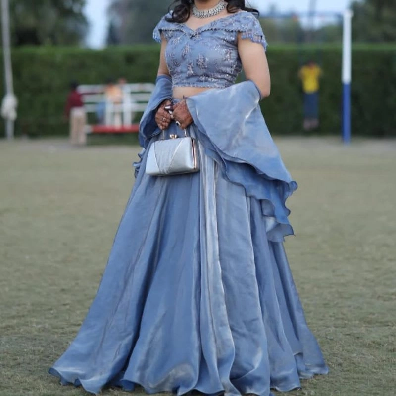 Misty Blue Pearl-Embroidered Lehenga Choli
